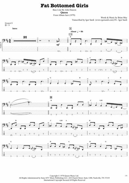 Free Sheet Music Fat Bottomed Girls Queen John Deacon Complete And Accurate Bass Transcription Whit Tab