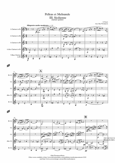 Free Sheet Music Faur Pelleas Et Melisande Op 78 Iii Sicilienne Clarinet Quintet