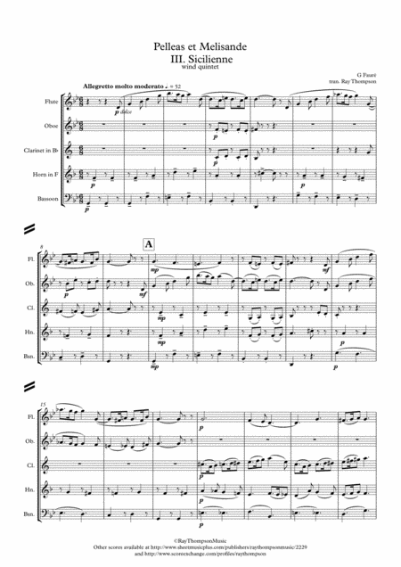 Free Sheet Music Faur Pelleas Et Melisande Op 78 Iii Sicilienne Wind Quintet