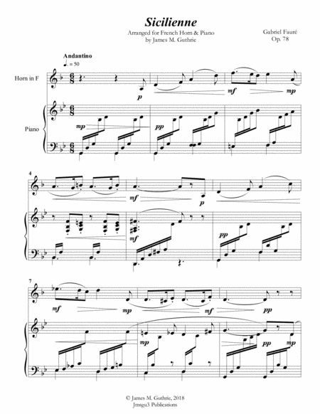 Faur Sicilienne For French Horn Piano Sheet Music