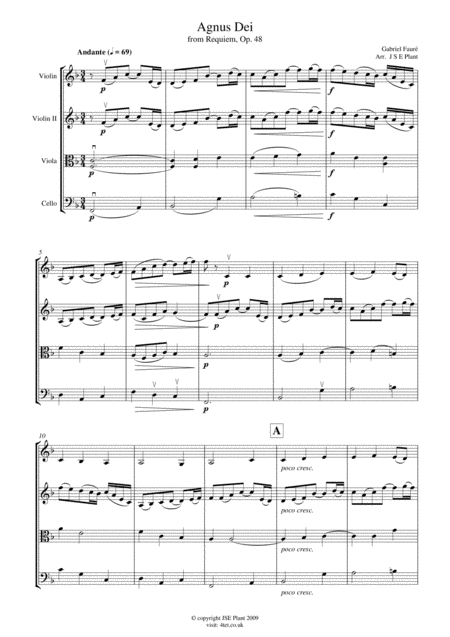 Faure Agnus Dei From Requiem Opus 48 For String Quartet Score And Parts Sheet Music