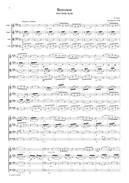 Free Sheet Music Faure Berceuse From Dolly Suite For String Quartet Cf103