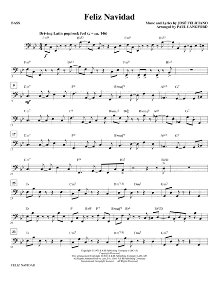 Feliz Navidad Arr Paul Langford Bass Sheet Music