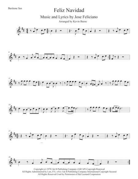 Free Sheet Music Feliz Navidad Bari Sax