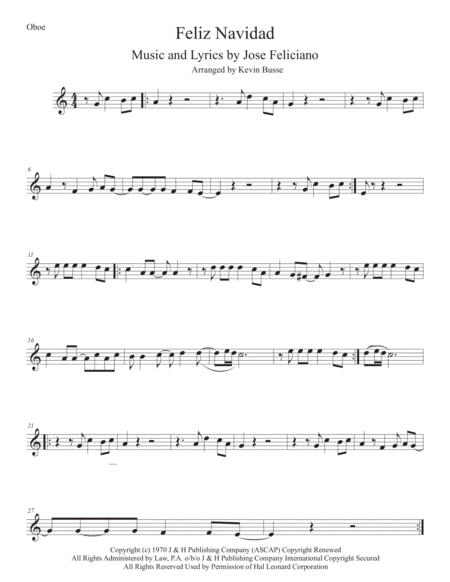 Free Sheet Music Feliz Navidad Easy Key Of C Oboe