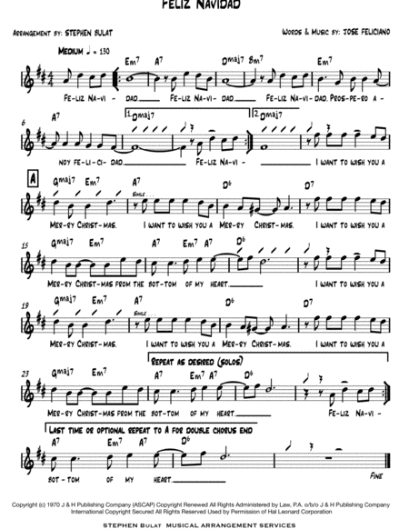 Free Sheet Music Feliz Navidad Jose Feliciano Lead Sheet In Original Key Of D