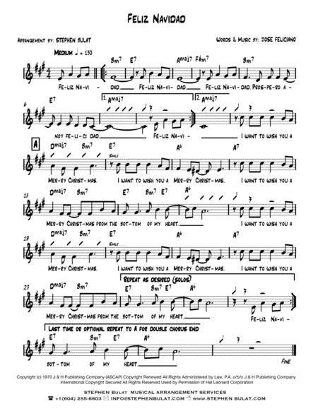 Feliz Navidad Jose Feliciano Lead Sheet Key Of A Sheet Music