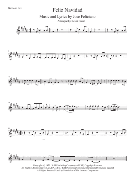 Feliz Navidad Original Key Bari Sax Sheet Music