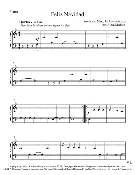 Free Sheet Music Feliz Navidad Primer Level