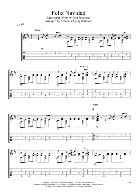 Feliz Navidad Solo Guitar Tablature Sheet Music