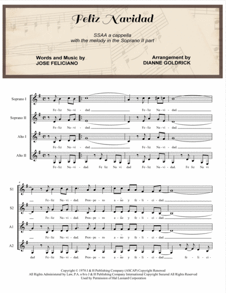 Feliz Navidad Ssaa A Cappella Sheet Music