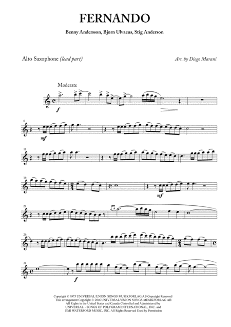 Fernando By Abba For Saxophone Quartet Sheet Music