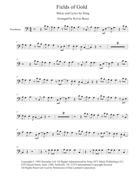 Fields Of Gold Easy Key Of C Trombone Sheet Music