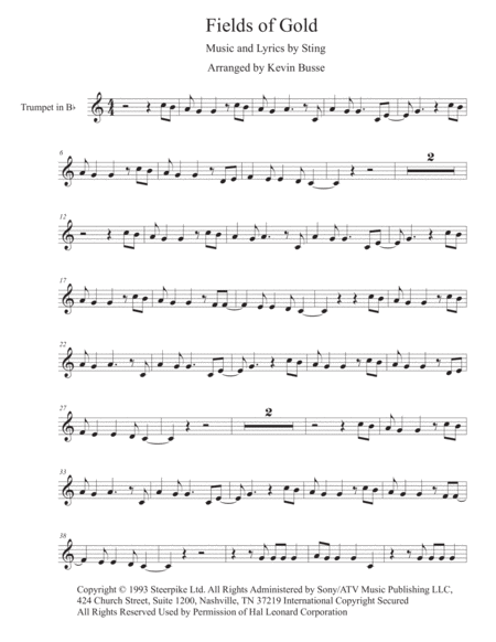 Fields Of Gold Easy Key Of C Trumpet Sheet Music