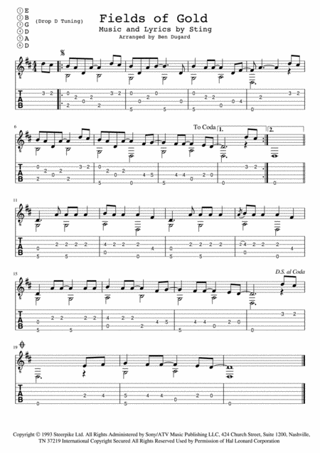 Free Sheet Music Fields Of Gold Fingerstyle Guitar Tab