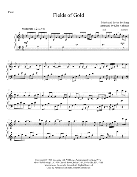 Fields Of Gold For Solo Piano Eva Cassidy Version Sheet Music