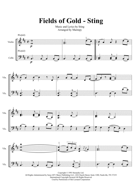 Fields Of Gold Sting Arranged For String Duet Sheet Music