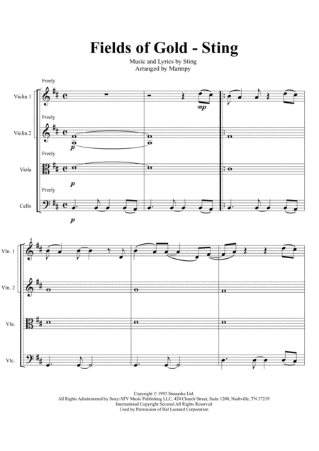 Fields Of Gold Sting Arranged For String Quartet Sheet Music