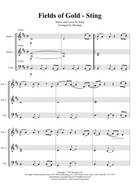 Fields Of Gold Sting Arranged For String Trio Sheet Music