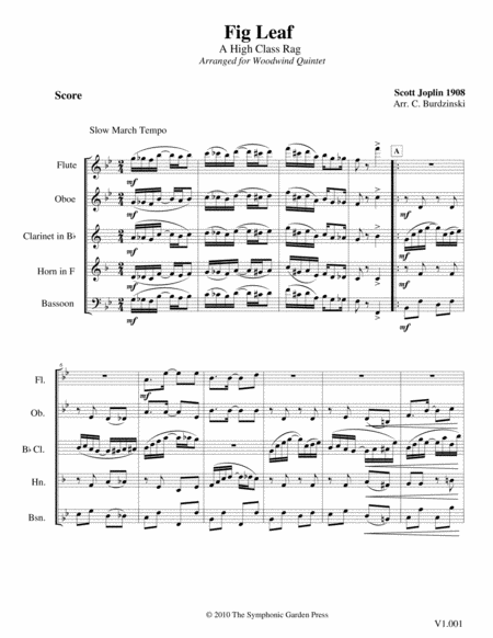 Free Sheet Music Fig Leaf Rag Scott Joplin Woodwind Quintet