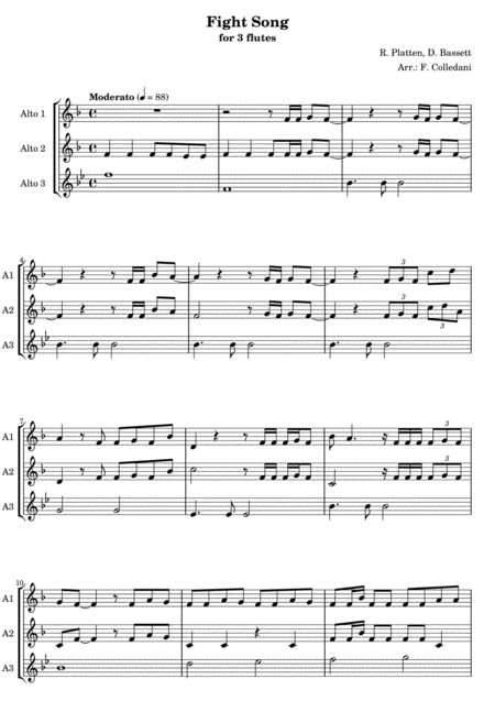 Free Sheet Music Fight Song Simple Arrangement For 2 C Flutes And An Alto G Flute