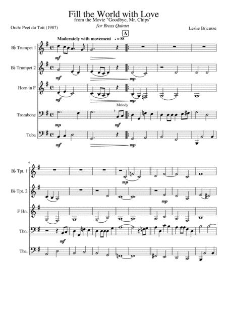 Free Sheet Music Fill The World With Love From Goodbye Mr Chips Brass Quintet