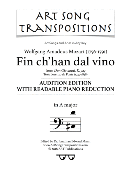 Fin Ch Han Dal Vino A Major Audition Edition With Readable Piano Reduction Sheet Music