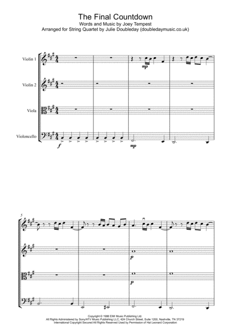 Final Countdown For String Quartet Score And Parts Sheet Music