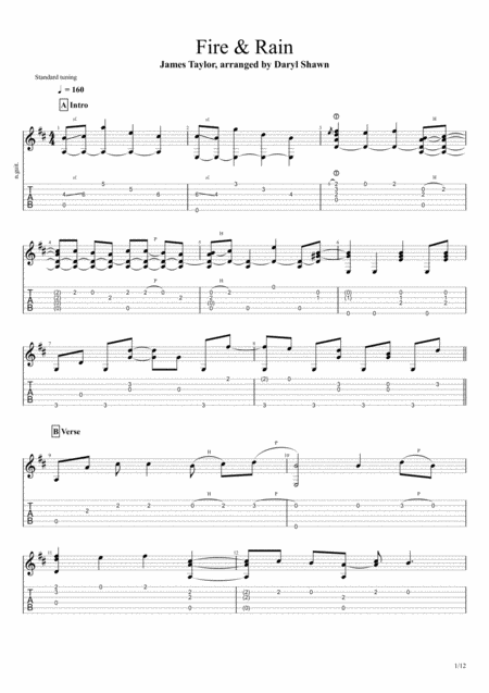 Fire And Rain For Solo Fingerstyle Guitar Sheet Music