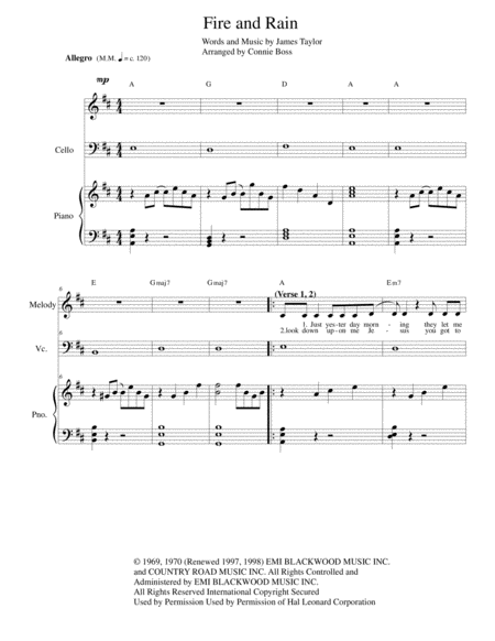 Fire And Rain Vocal Solo And Piano With Either Cello Flute French Horn Or Violin Parts Attached Sheet Music