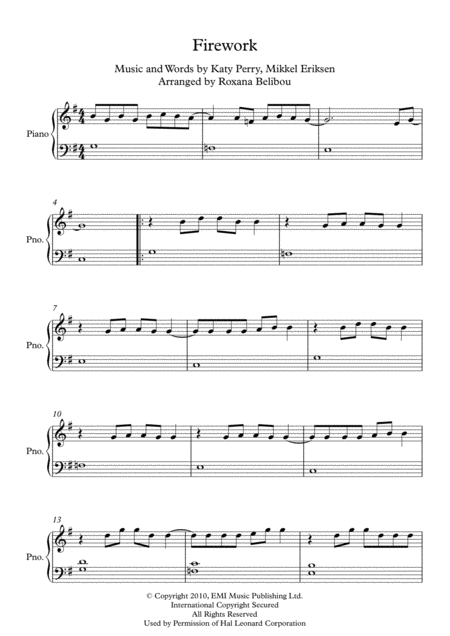 Free Sheet Music Firework G Major By Katy Perry Easy Piano
