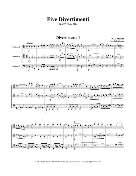 Five Divertimenti K 439b For Trombone Trio Sheet Music