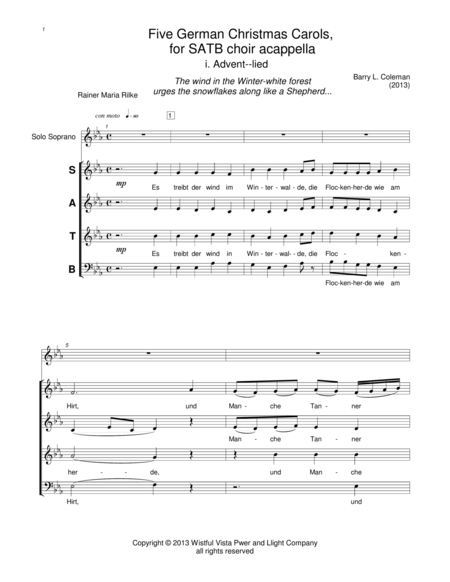 Five German Christmas Carols For Satb Acappella Sheet Music