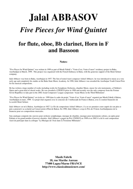 Five Pieces For Wind Quintet Sheet Music