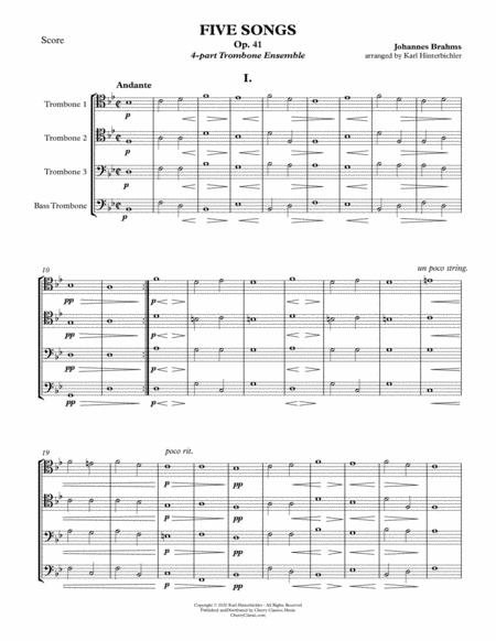 Five Songs Opus 41 For Trombone Quartet Ensemble Sheet Music