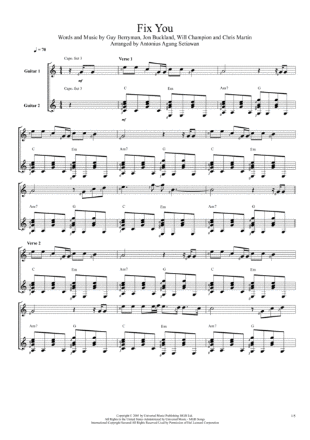 Fix You Duet Guitar Score Sheet Music