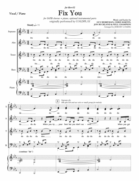 Fix You Satb Chorus Piano Opt Rhythm Sheet Music