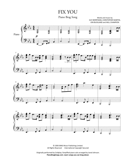 Fix You Short Piano Solo Sheet Music