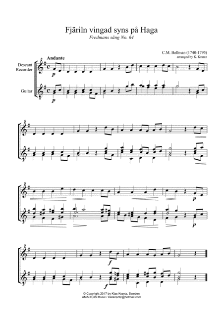 Free Sheet Music Fjrlin Vingad Syns P Haga For Descant Recorder And Guitar