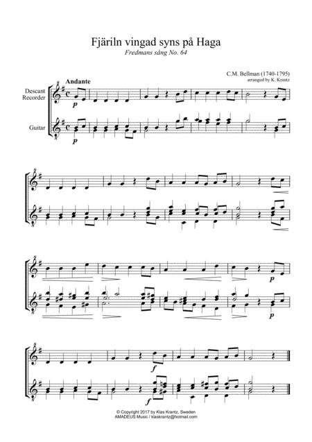 Fjrlin Vingad Syns P Haga For Descant Recorder And Guitar Sheet Music