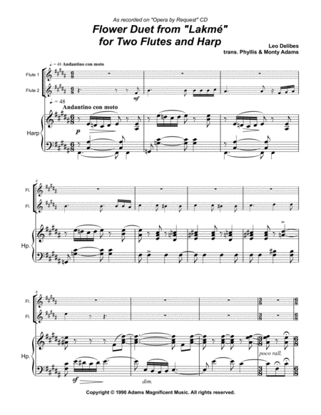 Flower Duet From Lakm For 2 Flutes Or Violins And Harp Sheet Music