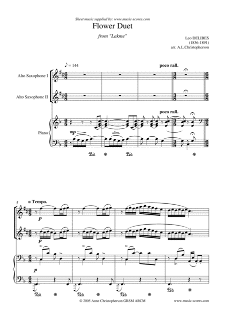 Free Sheet Music Flower Duet From Lakme 2 Alto Saxophones And Piano