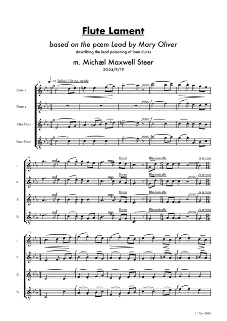 Free Sheet Music Flute Lament For Flute Quartet Based On The Mary Oliver Poem Lead