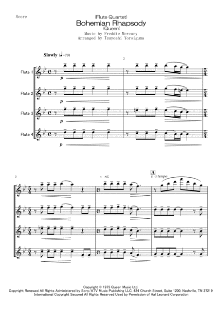 Flute Quartet Bohemian Rhapsody Queen Sheet Music