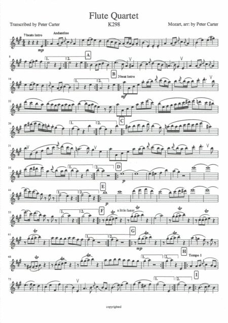 Flute Quartet In Amaj Kv298 Sheet Music