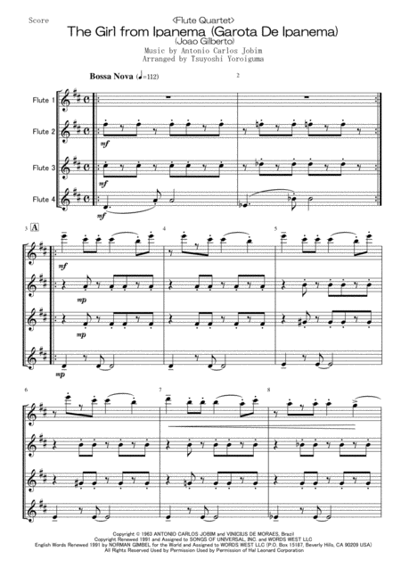 Flute Quartet The Girl From Ipanema Garota De Ipanema Sheet Music