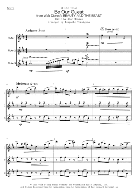 Flute Trio Be Our Guest From Walt Disneys Beauty And The Beast Sheet Music