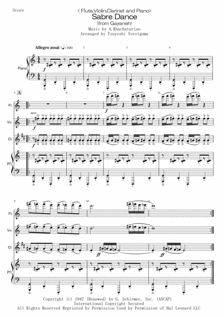 Free Sheet Music Flute Violin Clarinet And Piano Sabre Dance From Gayaneh