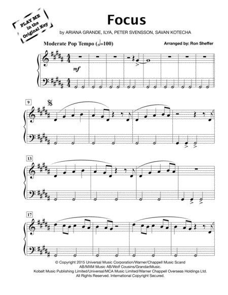 Free Sheet Music Focus Ariana Grande Easy Piano Play Me In The Original Key