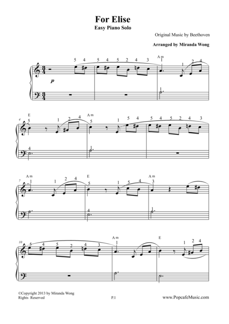 For Elise Easy Piano Version With Fingerings Sheet Music